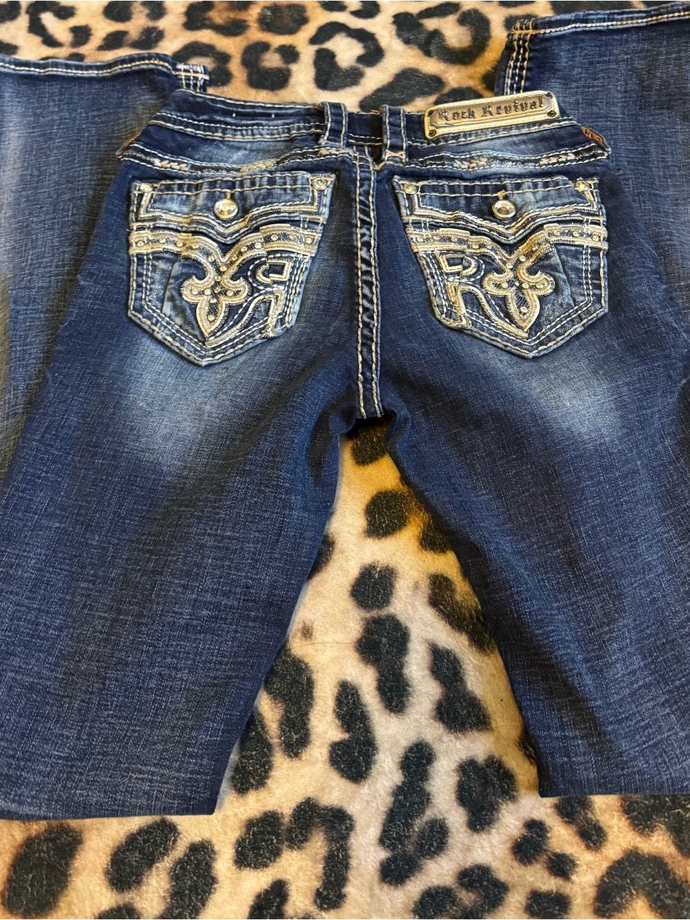 Rock Revival Dark Blue Boot Cut Jeans with Embellished Pockets